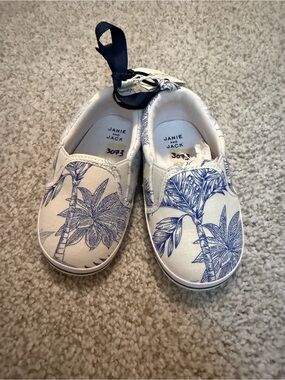 Janie and Jack White Slip-On Sneakers with Blue Palm Print